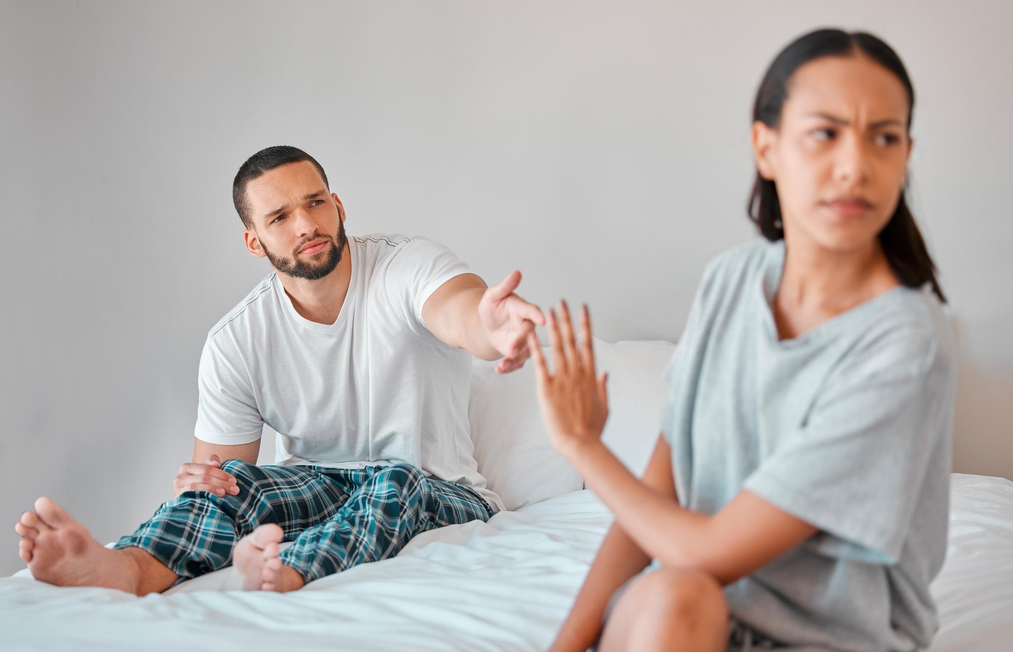 Couple fight, marriage divorce and cheating with conflict, sad and angry partner, frustrated and ig